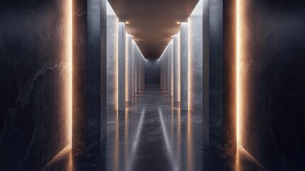 Dark marble hallway lit by warm, glowing lines