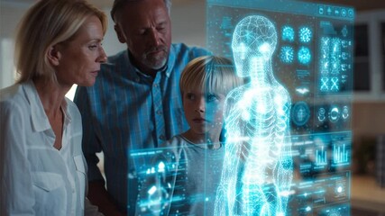 Family marvels at holographic medical display - Powered by Adobe
