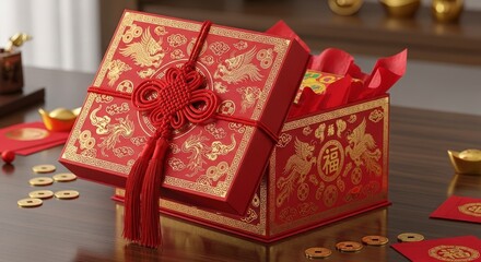 Chinese New Year Red Gift Box with Golden Decor.