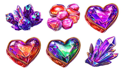 Colorful Crystals and Gems Collection with Various Shapes and Styles on Transparent Background