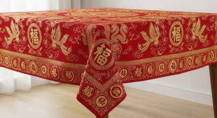 Red Gold Chinese New Year Tablecloth  Phoenix.