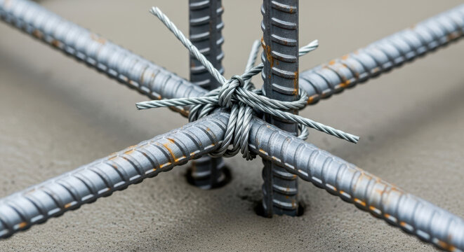 Reinforcement bar intersection tied with wire for construction projects, building sites, and concrete structure design