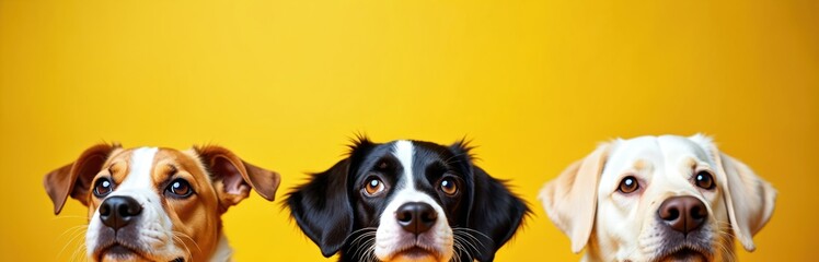 Fototapeta premium Three dogs peek from below on bright yellow backdrop. Brown, white dog, black, white dog, golden dog look up with curious expressions. Sit close together in studio setting, ready for banner ad.
