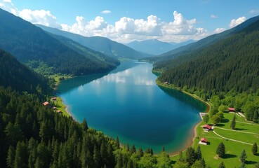 Aerial view of Karagol lake in Savsat, Artvin. Blue calm water surrounded by green forest trees and mountains. Cabins located on the lake shore. Summer sunny day at natural landscape.