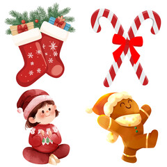 Cute Christmas illustration with festive stockings, candy canes tied with a red bow, a smiling gingerbread man, and a cheerful child in a Santa outfit. Perfect for holiday cards and decor.