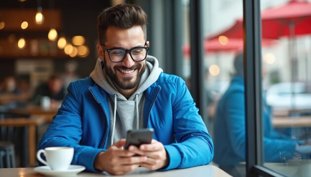 Young man in glasses smiles while holding phone, coffee cup nearby. He uses mobile device in casual cafe setting. Blurred background shows urban environment with people. - Powered by Adobe