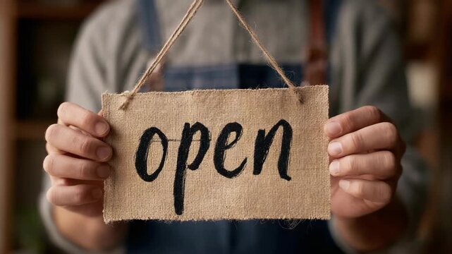 A person holding an open sign, ready to welcome customers