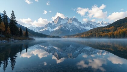 Calm mountain lake reflects snow peaked peaks and autumn forest under blue sky with clouds. Mist hovers over water surface near tree covered shore.