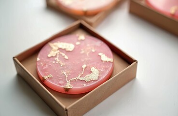 Pink resin coasters with gold flakes in brown cardboard box on white surface. Luxury home decor, handmade art coasters, gift packaging. Elegant tableware for dining, coffee table, living room.