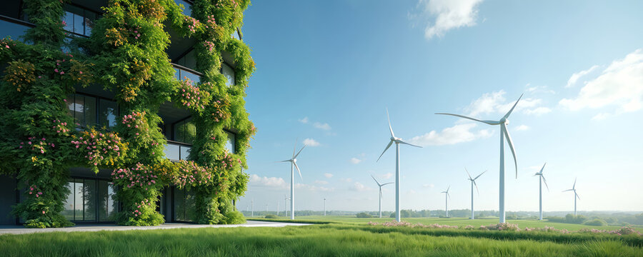 Modern building facade features green vertical garden plants with pink blooms. Wind turbines generate clean eco electricity in wide field. Sustainable architecture, renewable energy combine for