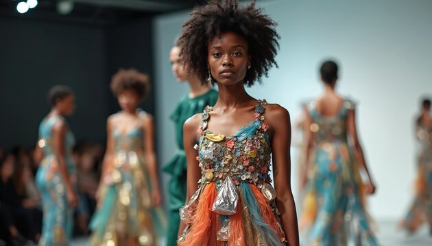A Black model walks the runway in a unique dress made of repurposed materials. Other models follow in eco-friendly designs, highlighting a sustainable fashion show.