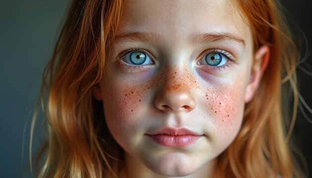 Closeup portrait of young beautiful redhead girl with freckles. She looks at camera with big blue eyes and neutral expression. Natural light illuminates face. Perfect image for beauty product ads.
