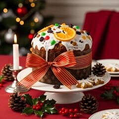 A christmas panettone cake with red ribbon and christmas decorations on a red table with a candle lit
