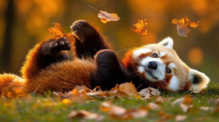 Red panda playing with autumn leaves