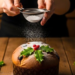 Hands sifting powdered sugar onto panettone decorated with holly and berries on a wooden surface