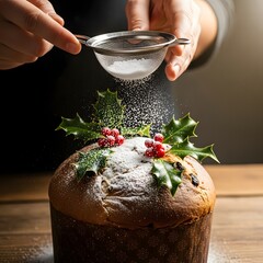 Hands sifting powdered sugar onto a panettone decorated with holly and berries on a wooden surface