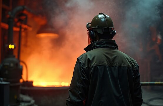 Metal factory worker looks at furnace fire. Plant employee works in steel smelting shop wearing safety helmet and uniform. Heavy industry job, manufacturing process with heat.
