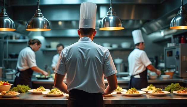 Head chef stands observing many plated dishes on kitchen counter. Cooks diligently prepare fresh food in busy pro restaurant kitchen. Team works efficiently to ensure quality meals ready for eager