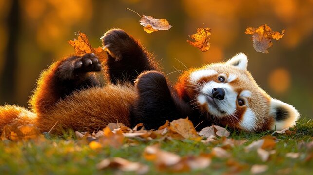Red panda playing with autumn leaves