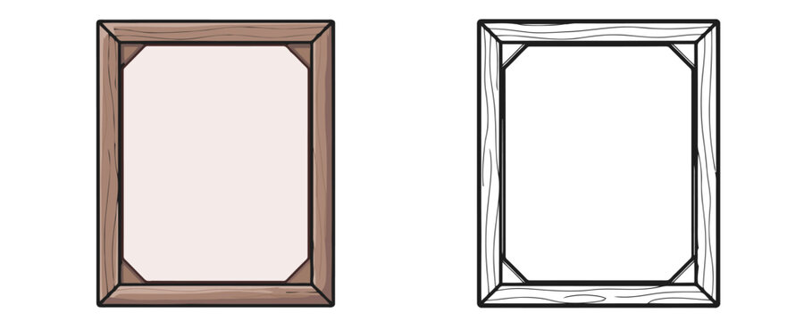 Set of square wooden frames for a canvas one is a colored illustration with shading and the other is a black outline sketch against a plain white background