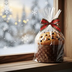 Panettone in cellophane with christmas bow on a wooden sill with snow falling outside the window