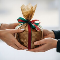 Hands presenting a gift wrapped in patterned paper with red and green ribbon in a bright setting