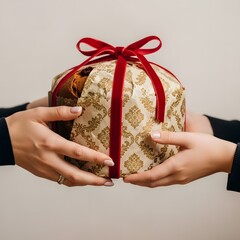 A wrapped panettone cake with a red ribbon being held by two hands against a plain background surface