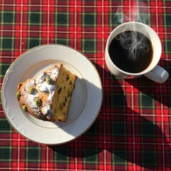 A slice of cake on a plate with a cup of coffee on a red and green plaid tablecloth in the sunlight