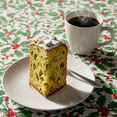A slice of pistachio panettone with powdered sugar and a cup of steaming coffee on floral cloth