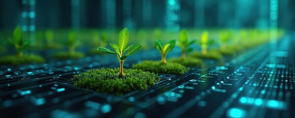 Young plants grow from mossy mounds on a circuit board. Digital grid pattern overlays green sprouts in a field. Tech agriculture and biotech innovation.