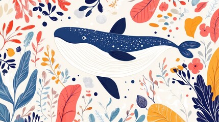 Naklejka premium Whale surrounded by colorful floral, botanical design