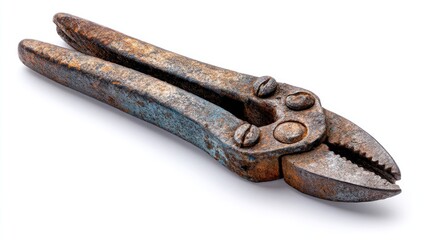 A close-up of well-used, rusty metal pruning shears on a white background. The blades are open, showing a serrated edge