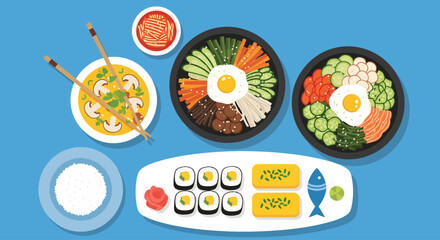 A vibrant flat-lay vector illustration of an Asian feast, featuring bibimbap bowls topped with fried eggs, mushroom soup with chopsticks, and a sushi platter arranged on a bright blue background