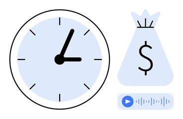 Clock, dollar bag, and audio symbol emphasize time management, financial planning, productivity, digital economy, value creation, business strategies. Ideal for economic concepts fintech content
