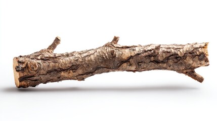 Fototapeta premium A small, cut section of tree branch with bark texture shown horizontally against a white backdrop