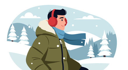 Young man walking in winter forest with red earmuffs for seasonal banner and holiday design