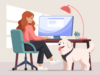 A joyful woman working from home at her desk while her playful golden retriever dog sits beside her, illustrating a warm, cozy atmosphere of remote work and companionship.