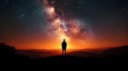 A figure stands alone on a rocky mountain peak, looking at the vast Milky Way.