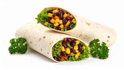 Two Fresh Burritos with Black Beans, Corn, and Lettuce on White Background