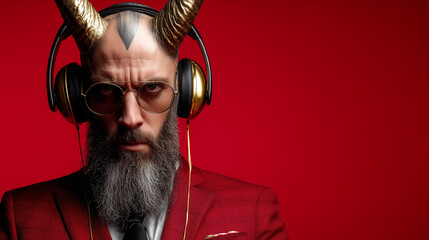 serious stylish man in red suit with headphones and golden horns on red background