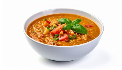 Hearty lentil soup with tomatoes and fresh basil in a white bowl