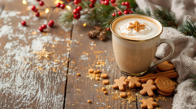 Christmas coffee cup with gingerbread cookie and festive decoration on rustic wooden table creating cozy holiday atmosphere scene