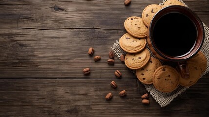 Still life of coffee cups and cookies on a wooden table