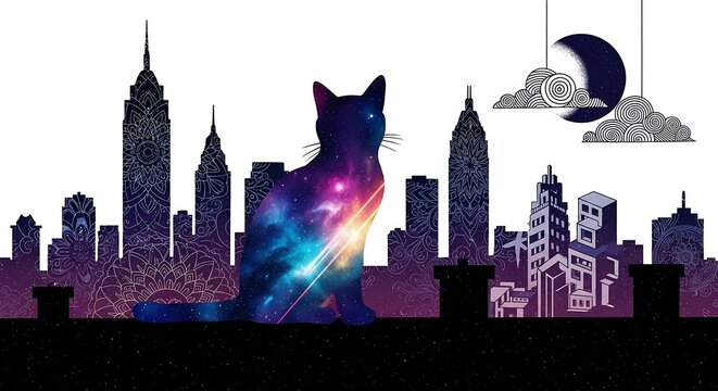 Cat illustration with cityscape background 