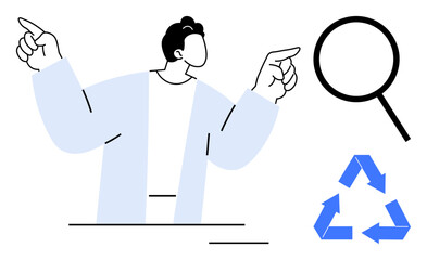 Person pointing with both hands alongside a magnifying glass and recycling icon. Ideal for research, sustainability, resource management, eco-awareness, search, analysis, education, and simple flat