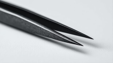 Close-up of a sleek, matte black tool with pointed tips, slightly open against a bright white surface. Focused on sharpness and precision