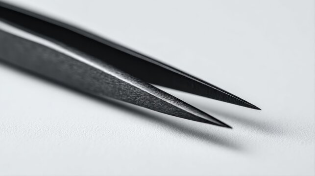 Close-up of a sleek, matte black tool with pointed tips, slightly open against a bright white surface. Focused on sharpness and precision