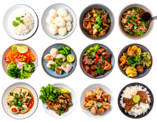 A diverse selection of Asian dishes served in small bowls and plates, showcasing vibrant ingredients and garnishes