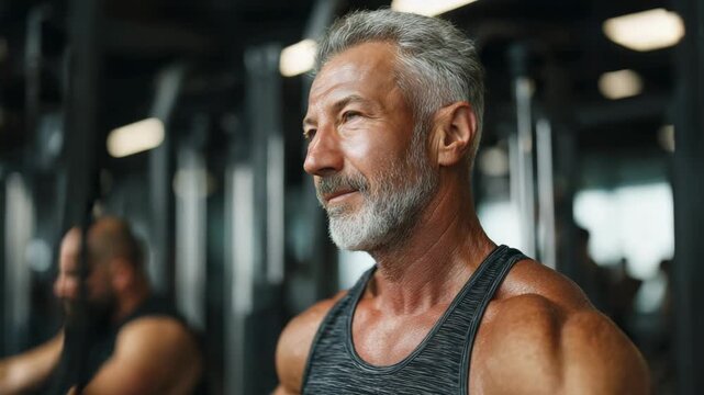 Mature man working out at the gym, focused on his fitness goals
