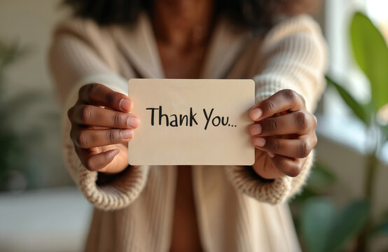 Dark skinned hands holds card with words Thank You. Showing message with gratitude and appreciation to business clients from shop. Business ethics and building strong customer relations concept.